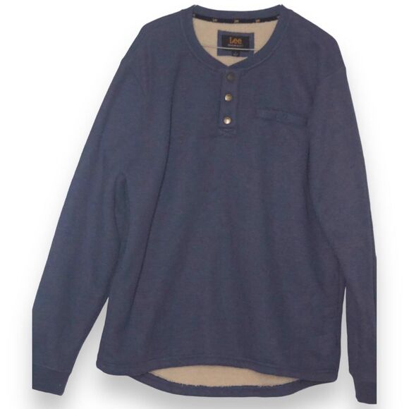 LEE Premium Select Thermal Sweater Mens L Sherpa Lined Regular Fit Henley Blue - Picture 1 of 6